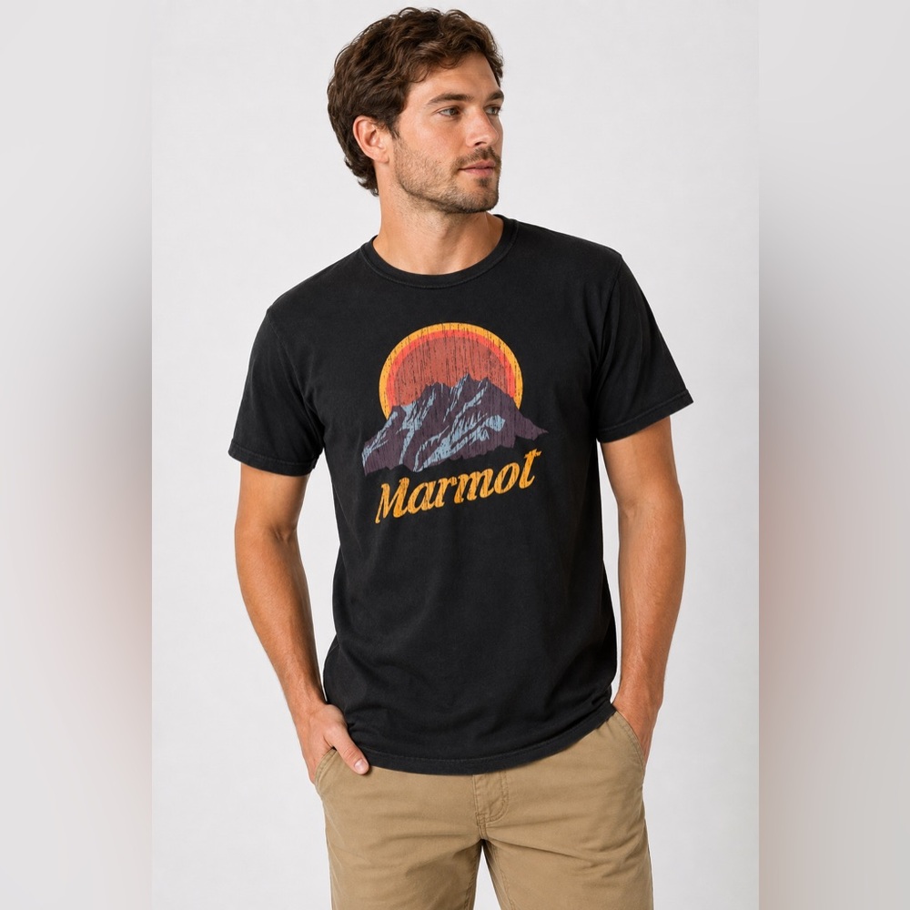 Marmot Graphic T-Shirt Mens Small Black Organic Cotton Mountain Logo Tee S